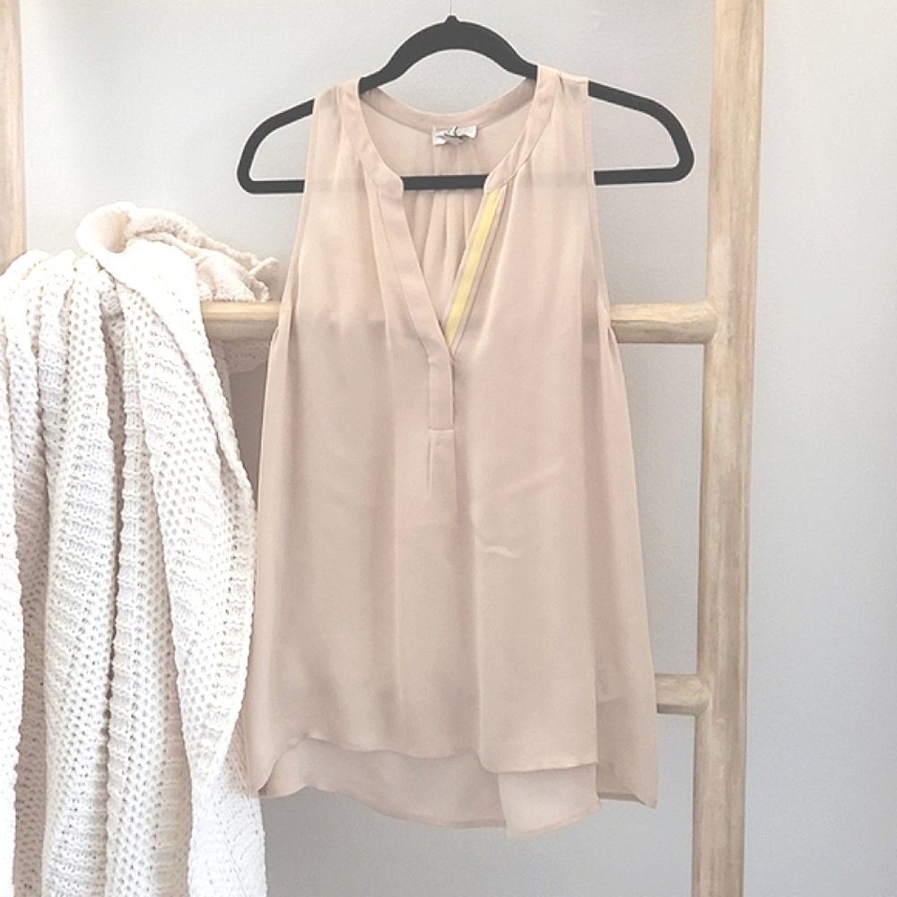 Joie Aruna Split Neck Sheer Silk Tank Top Blush Pink & Yellow Small